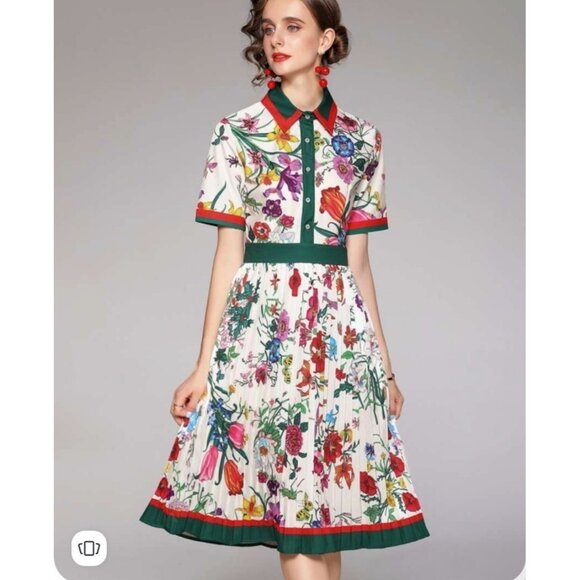 NWT Dalia McPhee A Line Floral Pleated Midi Dress Large Short Sleeve Retro
